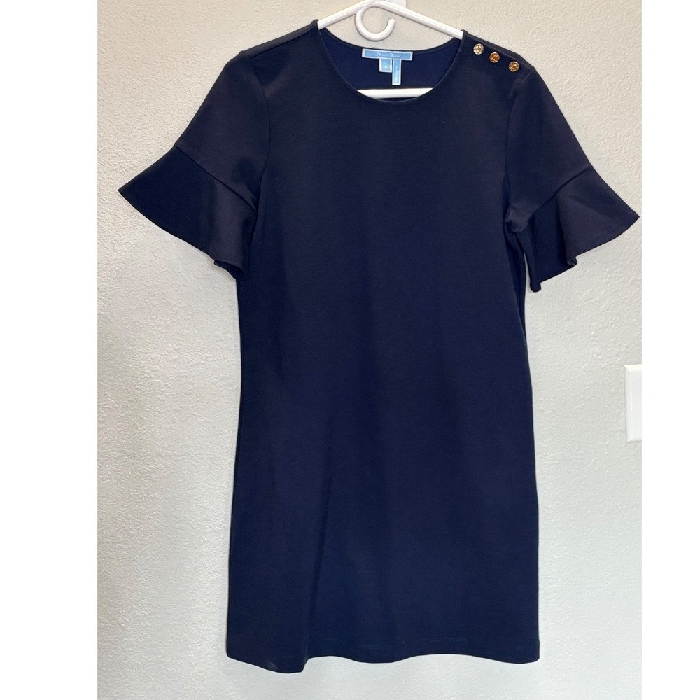 Draper James Navy Blue Ruffle Sleeve Ponte‎ Shift Dress with Gold Buttons Size S